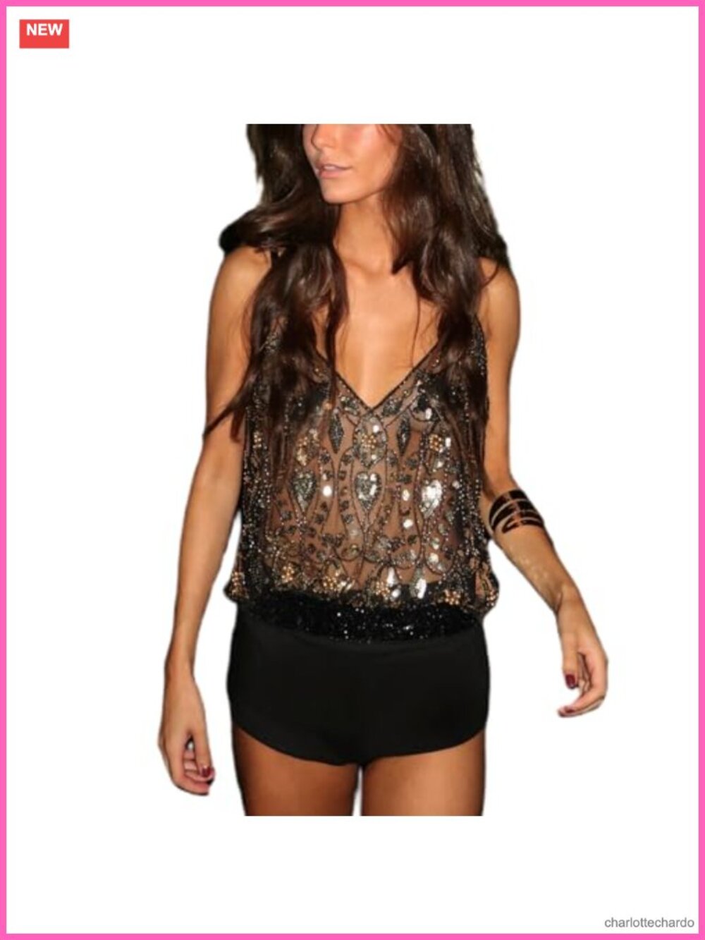 Semi-See Through Sparkly Sequin Tank Top Sleeveless V-Neck Camisole Dance Rave